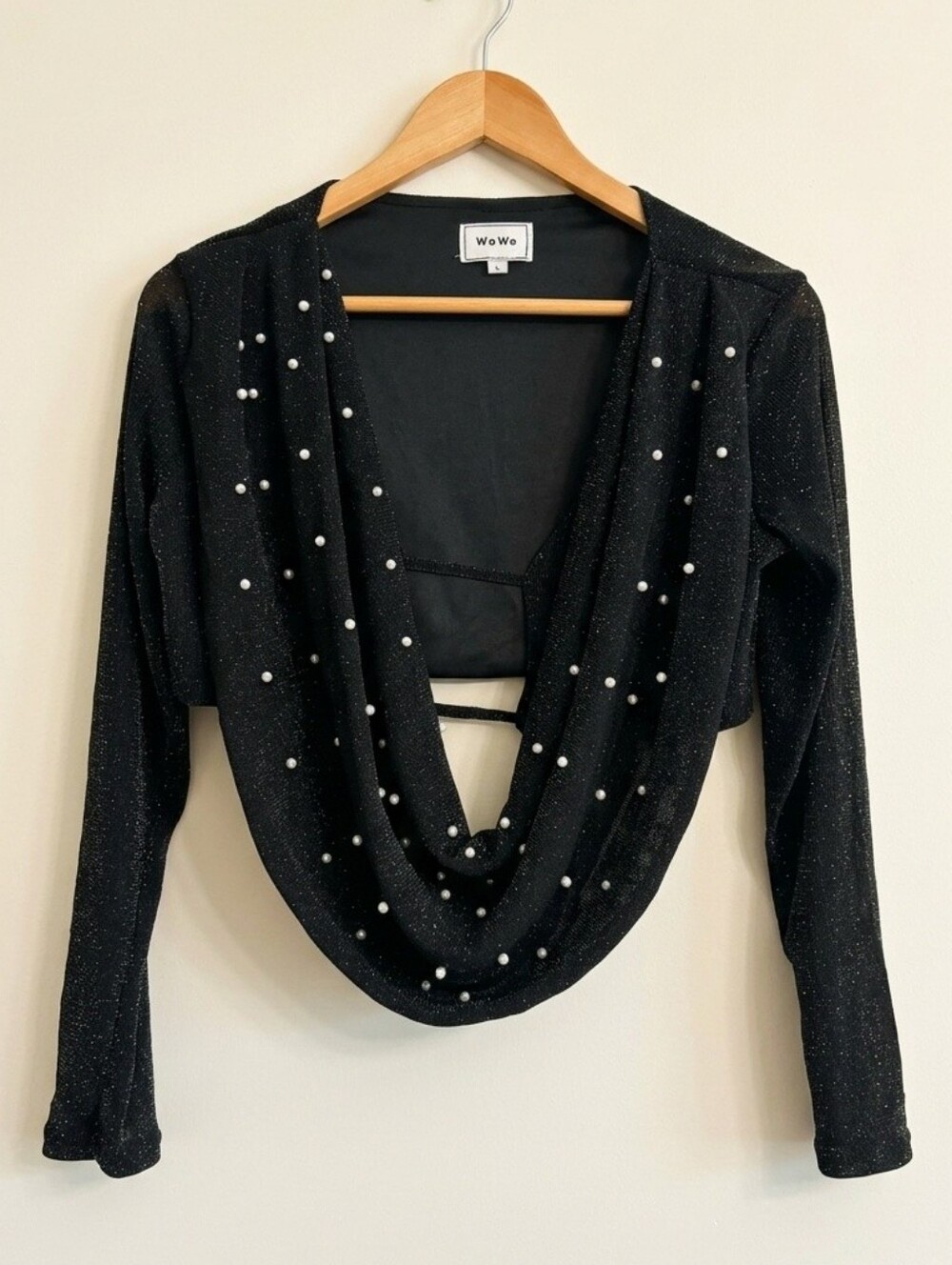 WoWo Black Sparkle Draped Pearl-Accent Crop Top